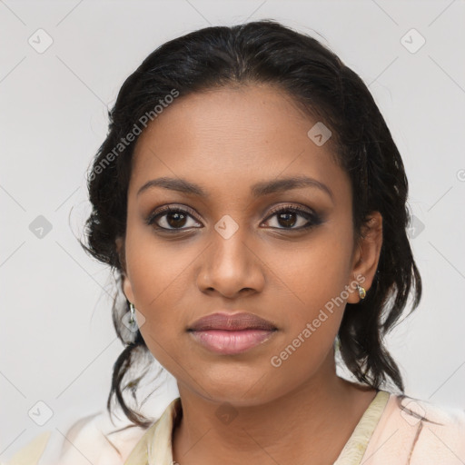 Joyful latino young-adult female with medium  brown hair and brown eyes