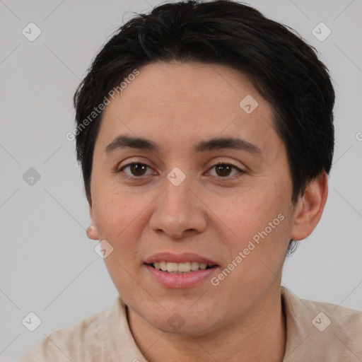 Joyful white adult female with short  brown hair and brown eyes