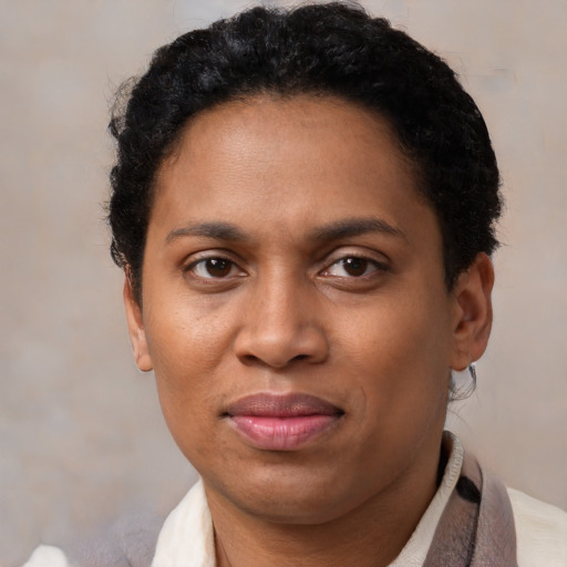 Joyful latino adult female with short  brown hair and brown eyes