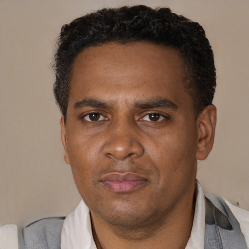 Neutral black adult male with short  brown hair and brown eyes