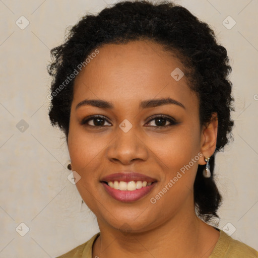 Joyful latino young-adult female with long  brown hair and brown eyes