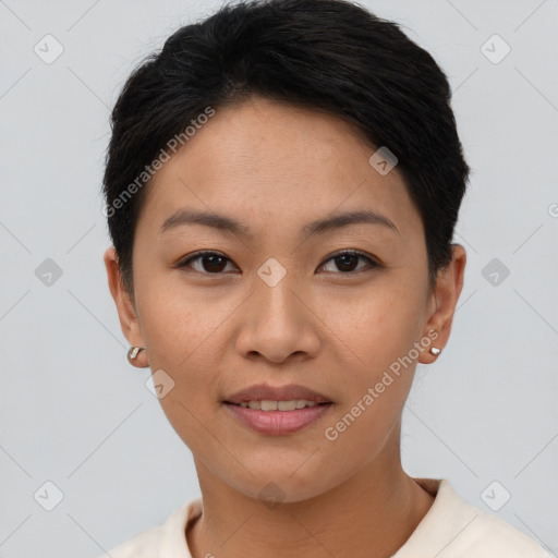 Joyful asian young-adult female with short  brown hair and brown eyes