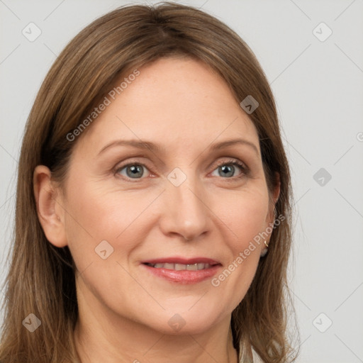 Joyful white adult female with medium  brown hair and grey eyes