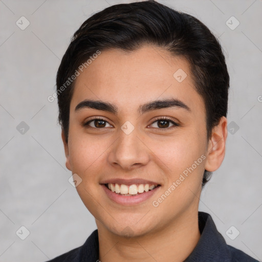 Joyful white young-adult female with short  brown hair and brown eyes