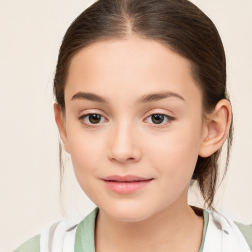 Joyful white child female with medium  brown hair and brown eyes