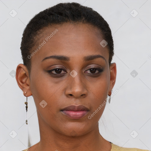 Neutral black young-adult female with short  brown hair and brown eyes