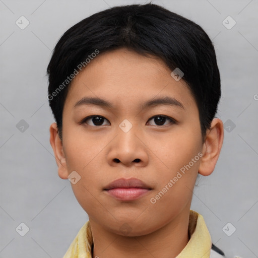 Neutral asian young-adult female with short  black hair and brown eyes