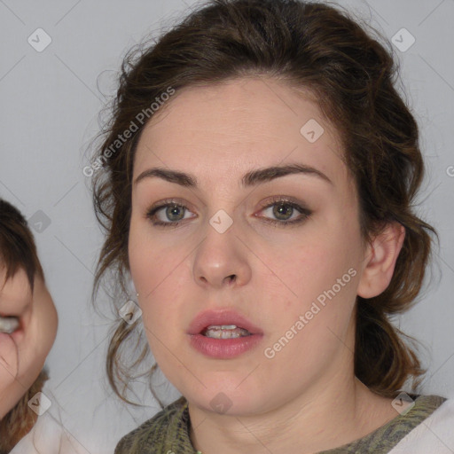 Neutral white young-adult female with medium  brown hair and brown eyes