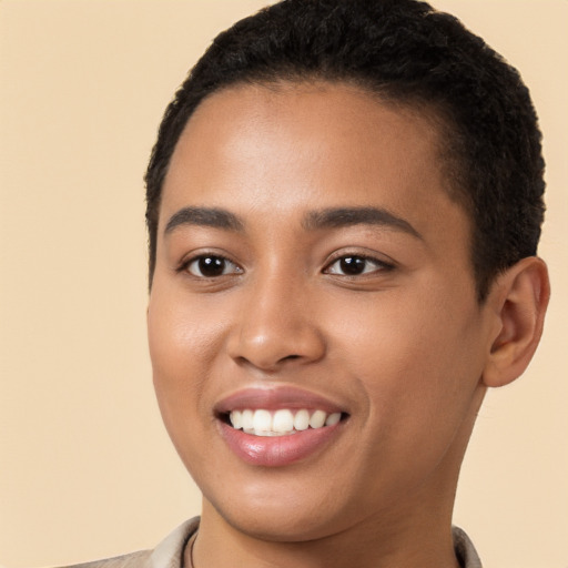 Joyful latino young-adult female with short  brown hair and brown eyes