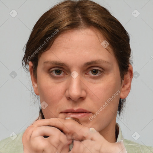 Neutral white adult female with medium  brown hair and brown eyes