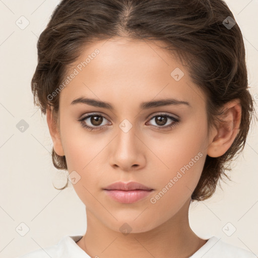 Neutral white young-adult female with medium  brown hair and brown eyes