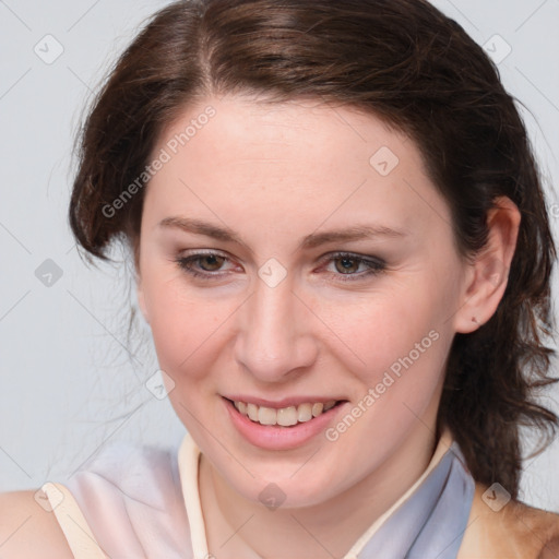 Joyful white young-adult female with medium  brown hair and blue eyes