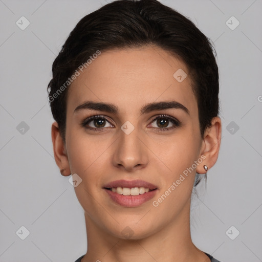 Joyful white young-adult female with short  brown hair and brown eyes