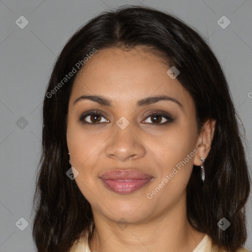 Joyful black young-adult female with medium  brown hair and brown eyes