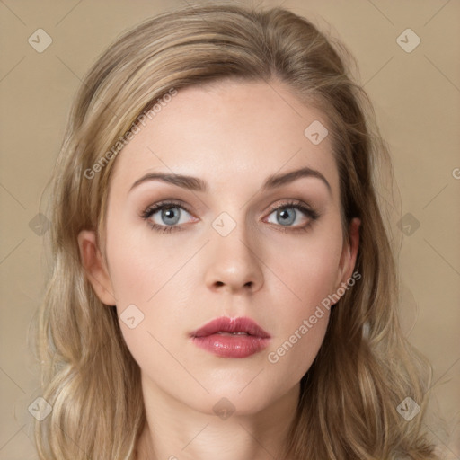 Neutral white young-adult female with medium  brown hair and grey eyes