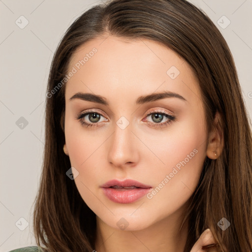 Neutral white young-adult female with long  brown hair and brown eyes