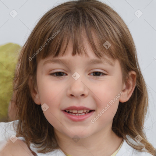 Joyful white child female with medium  brown hair and brown eyes