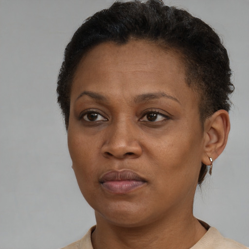 Joyful black adult female with short  brown hair and brown eyes