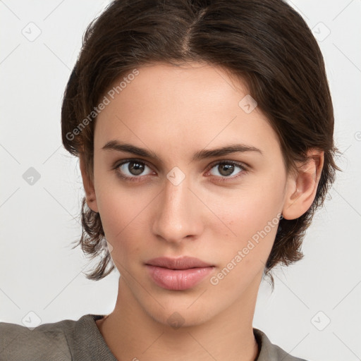 Neutral white young-adult female with medium  brown hair and brown eyes