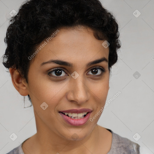 Joyful latino young-adult female with short  brown hair and brown eyes