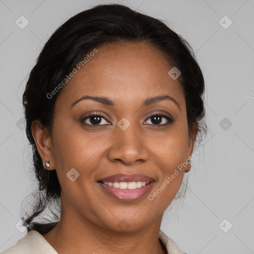 Joyful black young-adult female with medium  brown hair and brown eyes