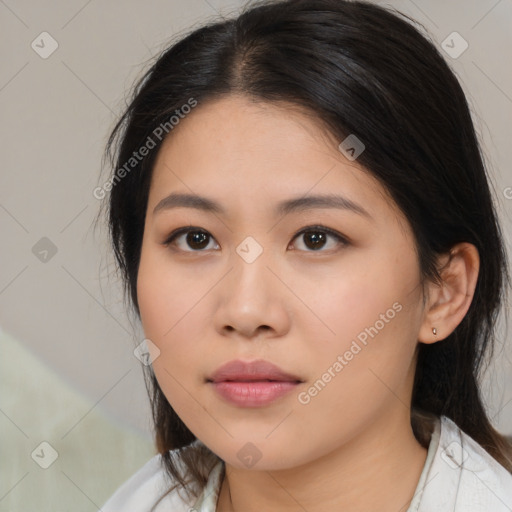 Neutral asian young-adult female with medium  brown hair and brown eyes