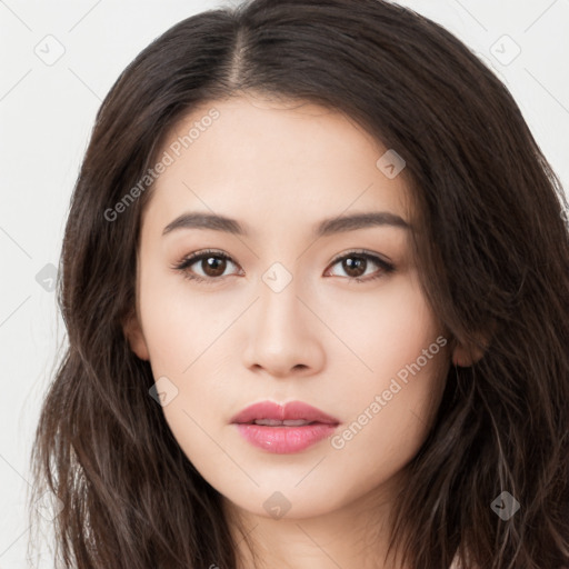 Neutral asian young-adult female with long  brown hair and brown eyes