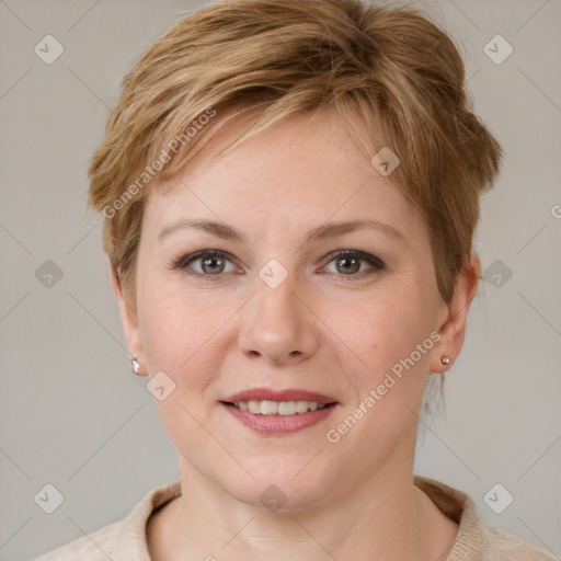 Joyful white young-adult female with short  brown hair and grey eyes