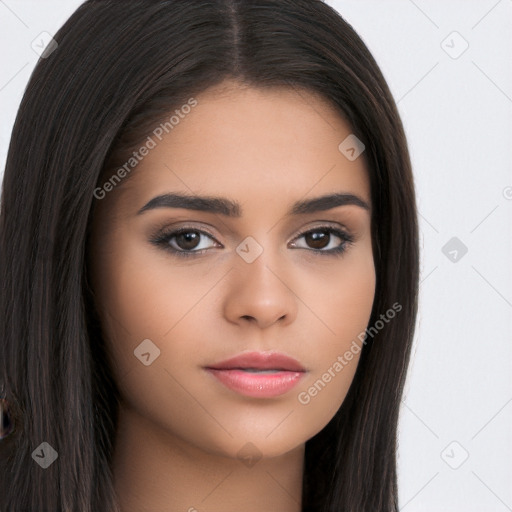 Neutral white young-adult female with long  brown hair and brown eyes