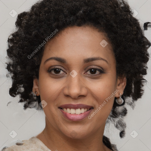 Joyful black young-adult female with medium  black hair and brown eyes