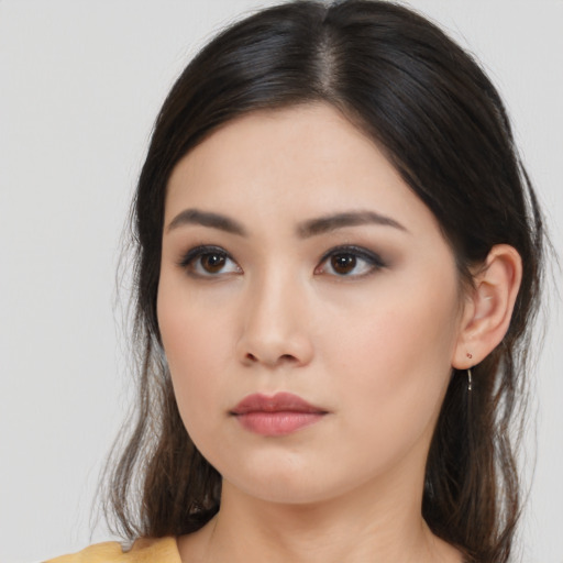Neutral asian young-adult female with long  black hair and brown eyes