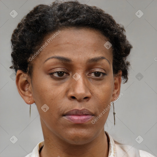 Neutral black adult female with short  brown hair and brown eyes