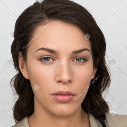 Neutral white young-adult female with medium  brown hair and brown eyes