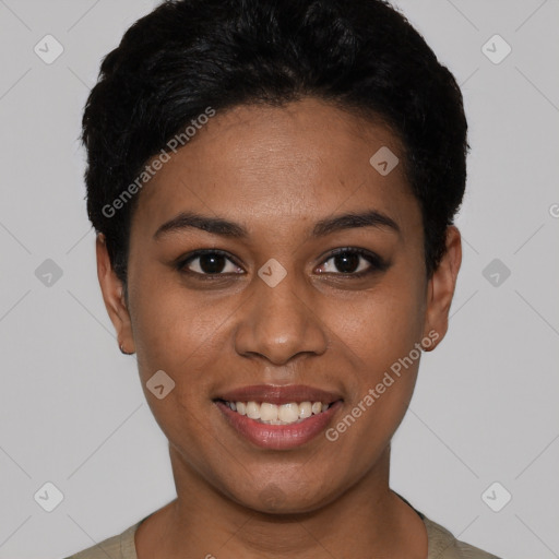 Joyful latino young-adult female with short  black hair and brown eyes