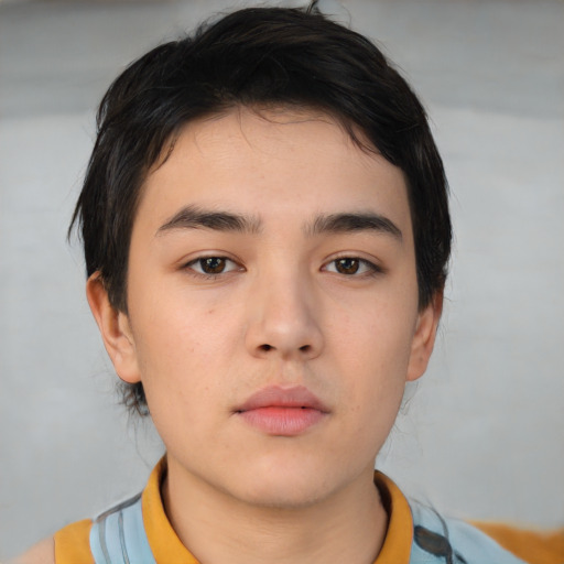 Neutral asian young-adult male with short  brown hair and brown eyes