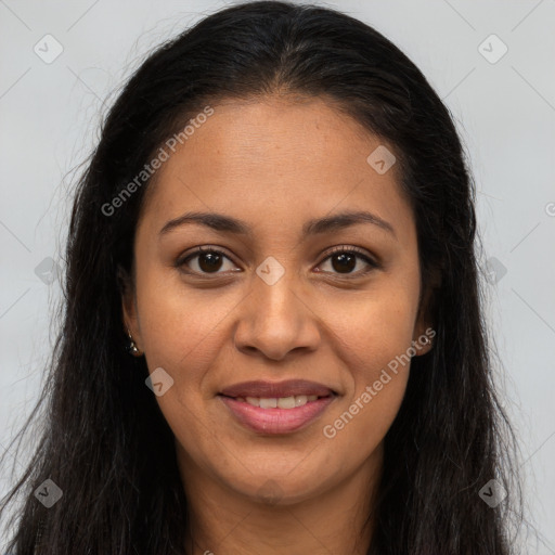 Joyful latino young-adult female with long  brown hair and brown eyes