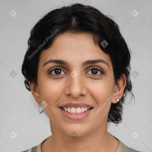 Joyful latino young-adult female with medium  brown hair and brown eyes