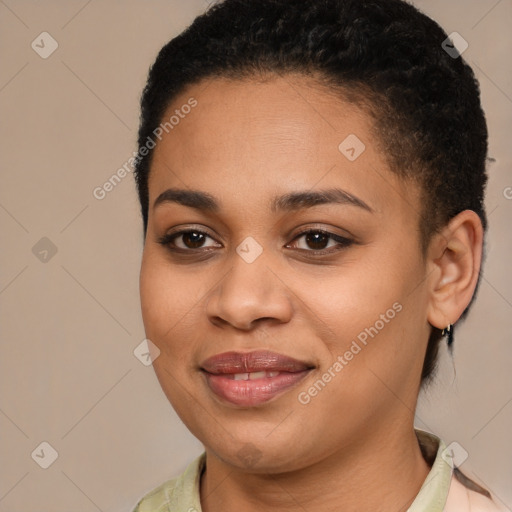 Joyful latino young-adult female with short  brown hair and brown eyes