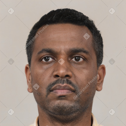 Neutral black adult male with short  black hair and brown eyes