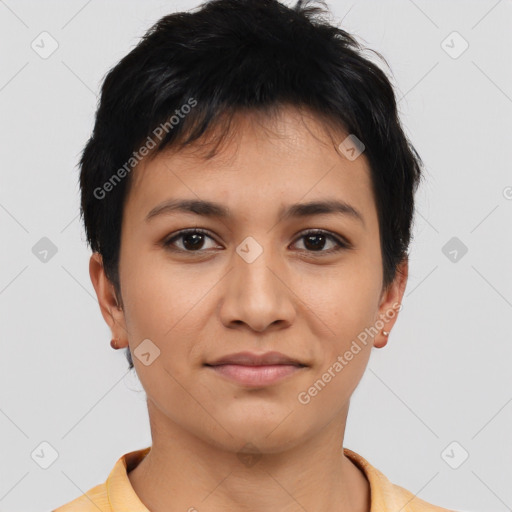 Joyful asian young-adult female with short  black hair and brown eyes