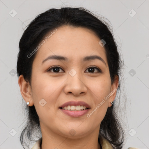 Joyful asian young-adult female with medium  brown hair and brown eyes