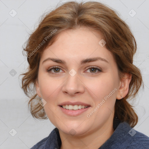 Joyful white young-adult female with medium  brown hair and blue eyes