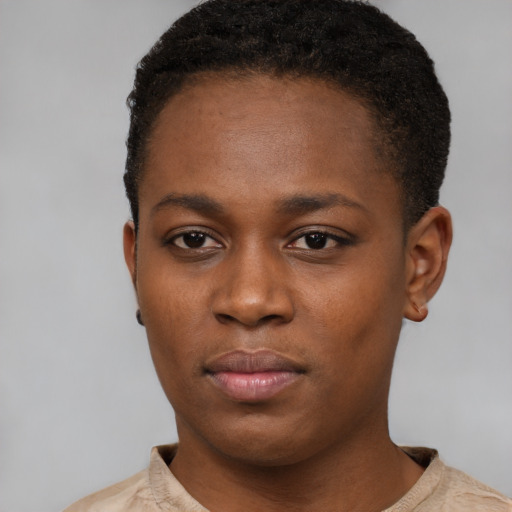 Neutral black young-adult female with short  black hair and brown eyes