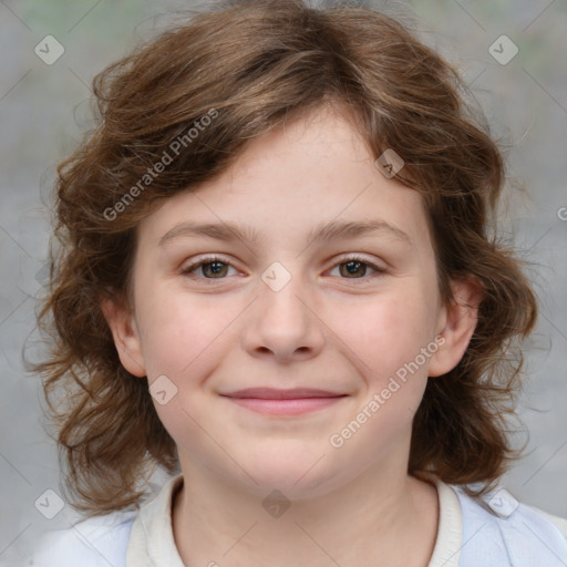 Joyful white child female with medium  brown hair and brown eyes