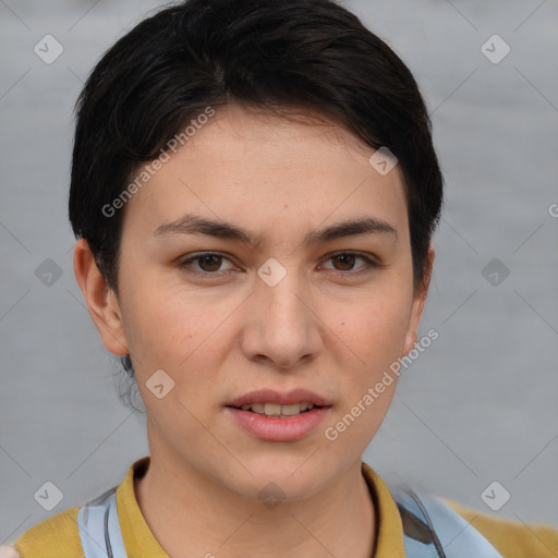 Joyful white young-adult female with short  brown hair and brown eyes