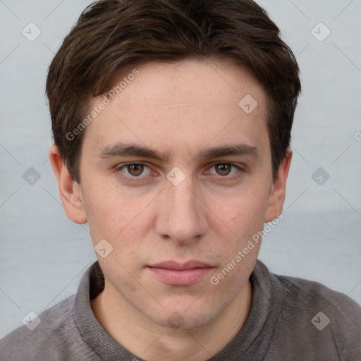 Neutral white young-adult male with short  brown hair and grey eyes