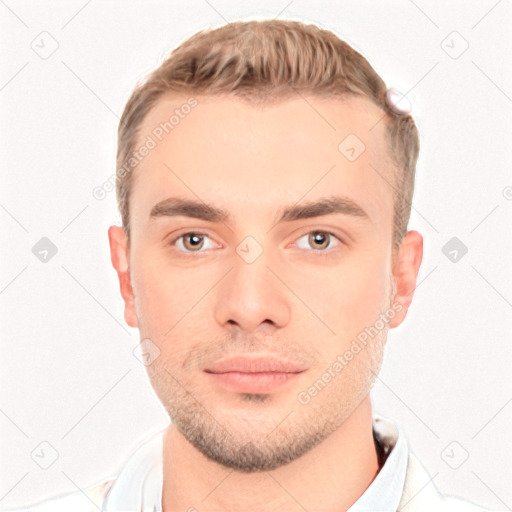 Neutral white young-adult male with short  brown hair and brown eyes