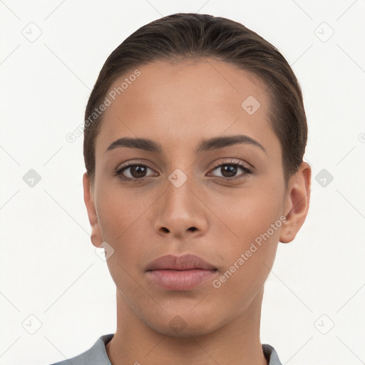 Neutral white young-adult female with short  brown hair and brown eyes