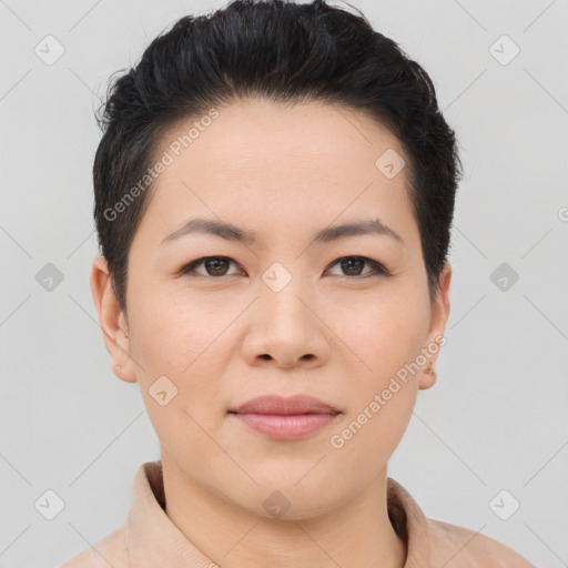 Joyful asian young-adult female with short  brown hair and brown eyes