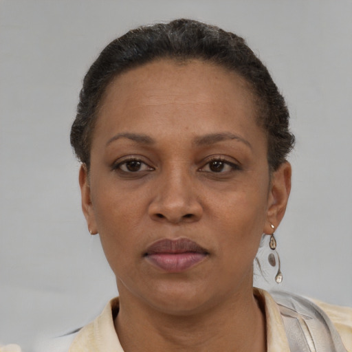 Neutral black adult female with short  brown hair and brown eyes